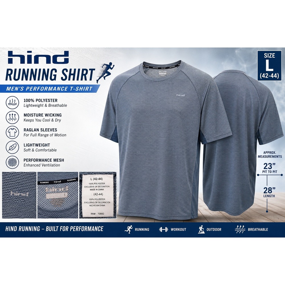 Hind Mens Performance Running Shirt Blue Grey Mesh Raglan Sleeve Workout Top L